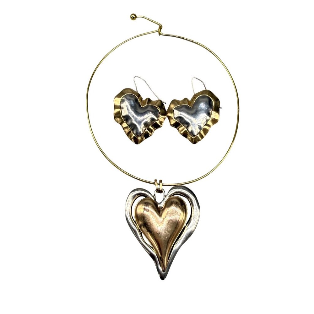 Vintage Choker Necklace And Earring Set Dual Hearts Gold Silver Two Tone